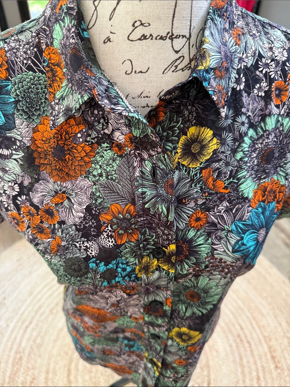Wildfang Black Floral Button-Up Shirt with Teal, Orange & Yellow Accents - Picture 5 of 10